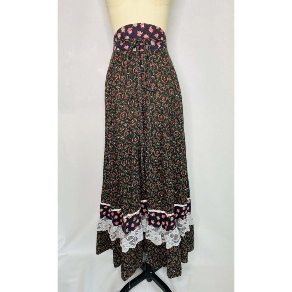 Vintage 70s Prairie Peasant Maxi Skirt Sz S Black Floral Calico Print Lace - Picture 8 of 9